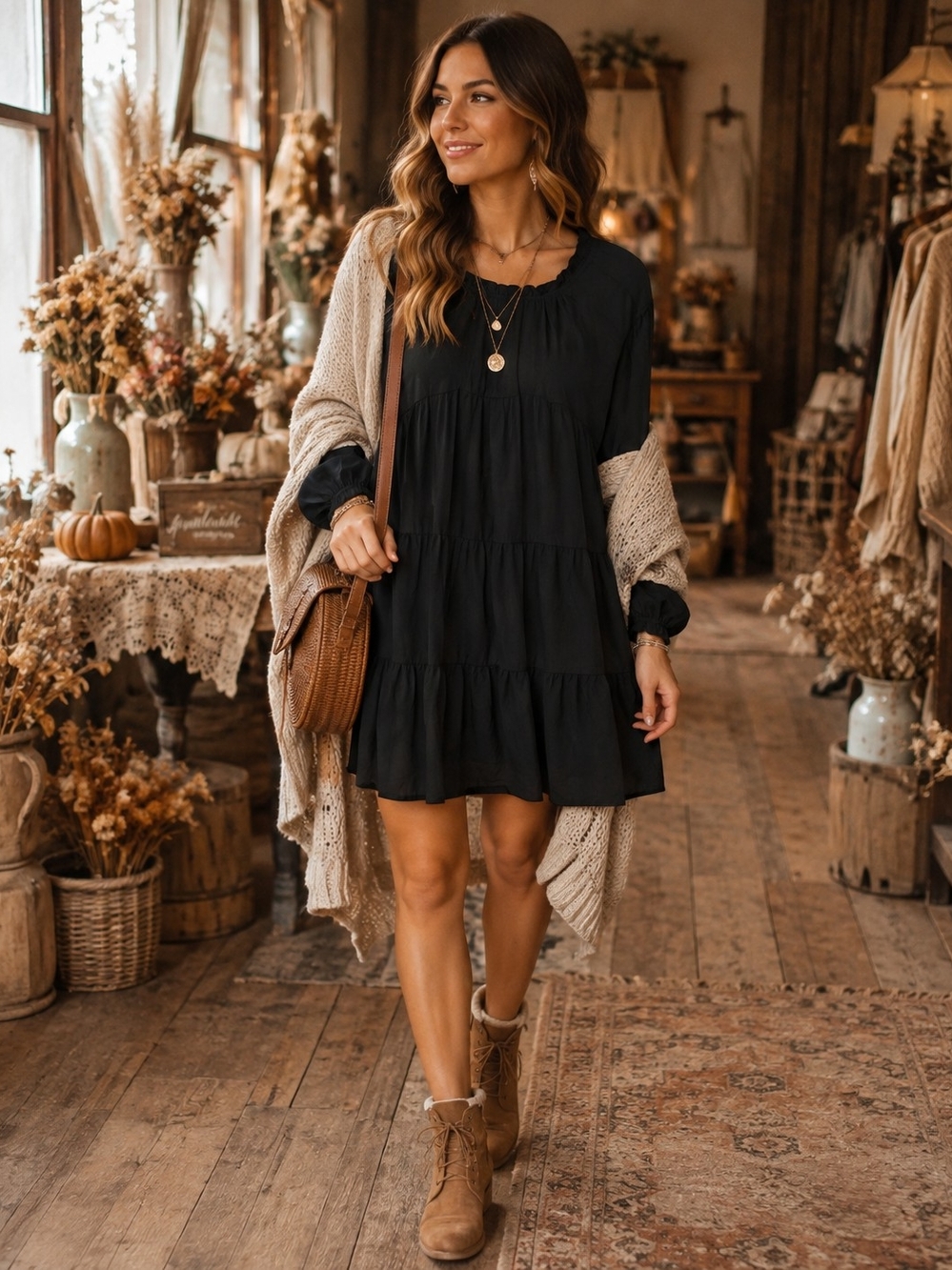 Boho Black Tiered Long Sleeve Dress Ruffled Neckline Mini XL Witchy Whimsigoth